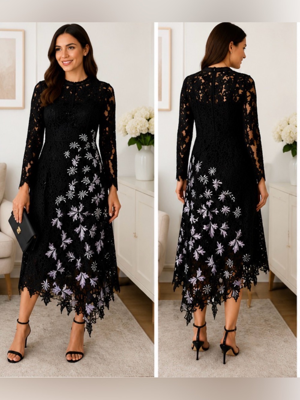 Self-Portrait Black Lace Floral Embroidered Midi Dress – UK 10 / US 6